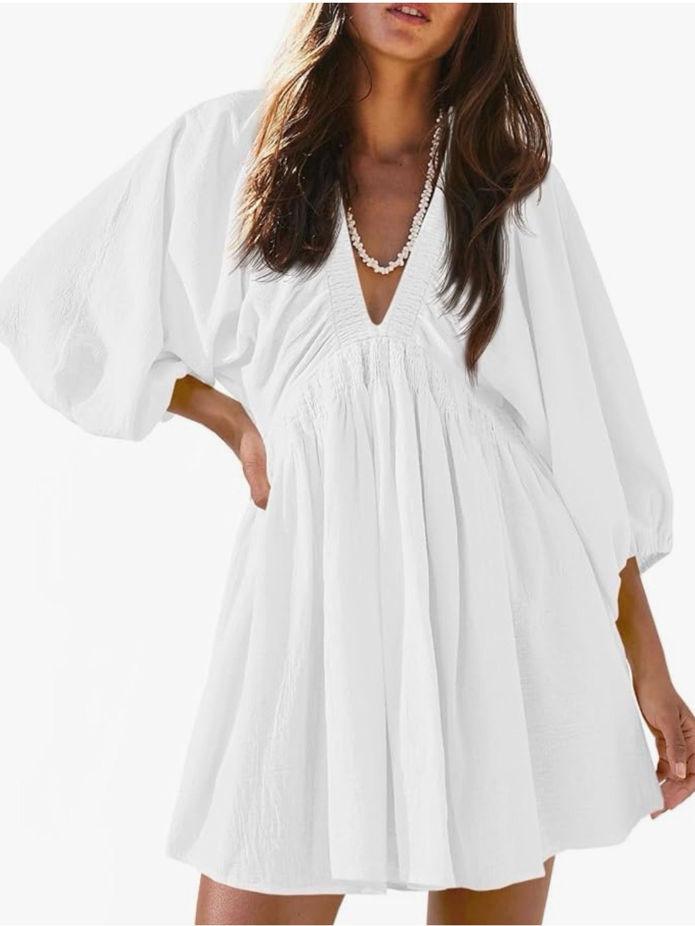 🐇White V-Neck Mini Dress with Balloon Sleeves